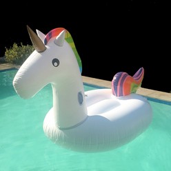 This is the inflatable white unicorn rainbow horse, large enough for you and your brand to travel the pool