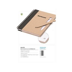 A classic and unique eco-friendly spiral bound notebook. Includes die-cut recycled paper pen with black ink on front cover pre-printed eco-logical logo on each page 70 lined pages, 100% recycled paper 