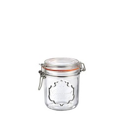 A small transparent jar, that holds 500ml of any liquid substance, also hold solid or molten substances but in small quantity, has a fancy cork that stays around the neck of the jar, can be buckled to prevent spilling of content, carries little amount of substance, it's a pocket size so no worries of where to keep it, can stand freely on a surface because of its flat bottom, content can be seen.