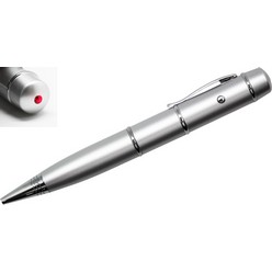 Twist action ballpoint pen with 8GB flash drive and laser pointer, in silver display box