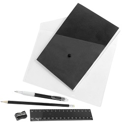 Includes jotter, pen, pencil, ruler, sharpener & transparent presentation pouch