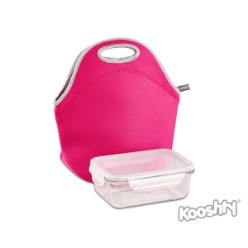 Insulating and protective Neoprene lunch bag including a glass food container with snap-lock plastic lid. The food container fits snugly inside the bag, but leaves plenty of room to add other items, like drinks or fruit. Combines nicely with a Kooshty 500ml bottle, which fits perfectly inside the bag. Neoprene