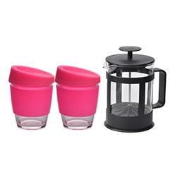 Plunger and two Kooshty Cups – choice of colour - The Kooshty Kup, with its colourful silicone lid and grip band, is a fun and practical glass cup for the home or the office, and is ideal for those on-the-go moments, fitting comfortably inside your vehicle’s cup holder.