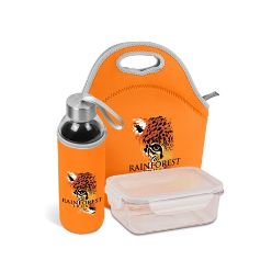 Glass lunch box with a snap lock pp lid, insulating and protecting neoprene lunch bag, glass drinking bottle with matching neoprene sleeve