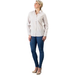 Features include a fine stripe fabric detail, bust darts, one patch pocket, back yoke and darts, chambray contrast on inner cuff and collar stand, curved hem. Regular fit. 65/35 polycotton, yarn-dyed, poplin.
