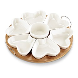 6 ceramic heart shaped bowls, Centre ceramic dipping bowl,  Wooden round tray, Packaged in a box, Ceramic
