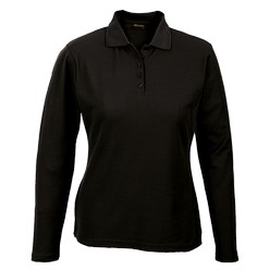 Ladies 175g long sleeve pique knit golf shirt: Long sleeve garment includes the ironic two ridge collar, and has a double needle finish on the hem and sleeves, a three button placket and inner self fabric tape for comfort. Anti pill finish, supplied with a loose pocket