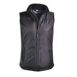 Ladies Bodywarmer, Polyester pongee with water resistant coating, Zip seal pockets, Grey polyester inner lining, Fleece lined collar pockets, Reversed zip and side waist toggles