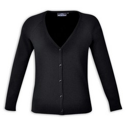 Ladies classic cardigan, superior quality soft-feel acrylic yarn, features: V-neck, ribbed hem and cuffs, classic and refined style, superior quality yarn with a soft feel finish