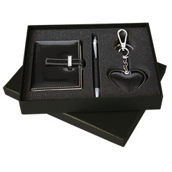 Stylish Ladies Gift Set consisting of notepad with buckle closure, heart keychain with mini carabiner clip and split ring , ballpoint pen with plunge action mechanism, all with  white contrast stitching on black PU material in a gift box