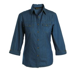 Ladies Denver Denim Blouse: Matching ladies denim blouse with 3/4 sleeve styling and turn-up cuff, Garment detail include patch pockets with flaps at chest, constructed button stand, contrast top stitching, double layer back yoke and front and back panel lines. 100% Cotton dark denim fabric