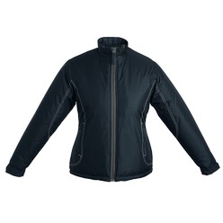 Ladies Epic Jacket: New ladies design with flattering style line. Features includes contrast nylon zip with self fabric zip puller, adjustable velcro straps at cuffs and fully lined with padding. Inner zip for embroidery access. 100% water resistant Polyester cuter, contrast top-stitching detail, welt pockets