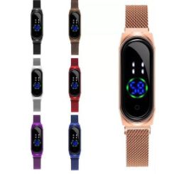 Digital Display ladies watch with metallic woven strap.