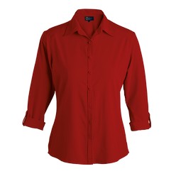 Ladies geneva blouse: corporate ladies blouse with a flattering side panel cut, in an ultra-soft polyester spandex strech fabric. This garment has 3/4 turn0-up sleeves with a self fabric tab and buttons, front and back yokes and a shaped hi-low hem with side slits.