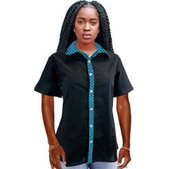 Ladies Short Sleeve Shirt with Shweshwe Trimming on Collar and Placket