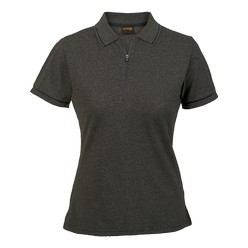 Ladies stark golf shirt: melange golfer with a zip -up placket, slide slits, inner contrast neck tape and contrast piping at the sleeve cuffs. Features: 170g 60/40 cotton rich fabric, knitted rib collar with tipping, inverted nylon zip placket