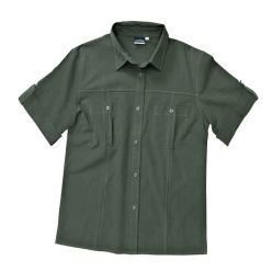Polyblend twill, Turn up sleeves with button down tab, box pleat pockets