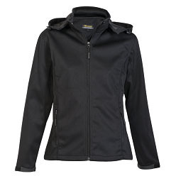 100% Polyester bonded fabric Ladies Ja, single top stitching throughout, full zip front with inner storm flap, zip away hood with drawstring and adjustable velcro tabs on sleeves, other detailing includes two zippered side pockets and zippered pocket on left sleeve and hem shock cord with toggles, reflective piping give distinct feminine shape (Priced from S)