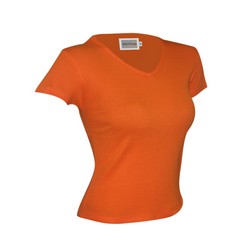 Ladies V-Neck T-shirts: 180gsm 1x1 Rib fabric, V-neck form styling, Available sizes: S-2XL, No embroidery on ladies garments, Printing Only