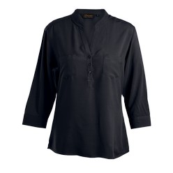 Ladies oasis blouse, loose fitted blouse with extended back length, features include twin patch pockets, a long v-shaped button stand with three buttons, tapared side seams and single-needle stitching throughout. 1/3 sleeve with cuff and buttons, 100% viscose and twin pocket patch