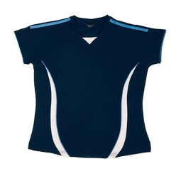 Ladies techno soccer shirt: 165g 100% polyester, moisture management fabric: e-Dri, flattering ladies sports design. V-shaped necline. Easy care garment