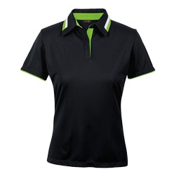 145g 100% polyester with moistured management: e-Dri contrast sleeve peep-out detail, self-fabric collar, back collar detail and placket detail