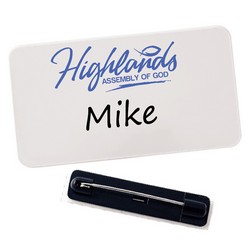 Landscape name badge with magnet, Material: white ABS