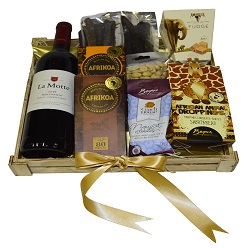 Large biltong hamper includes dry wors, biltong sticks, spiced nuts, big 5 coins, 40 g yotti nuggets, amarula fudge box, bottle of red wine packed in a wooden box
