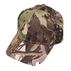 Leaf camo design on peak and crown, 20% cotton and 80% polyester, bottle opener on peak, pre-curved peak, metal buckle closure and embroidered eyelets