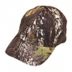 Leaf camo design on peak and crown, 30% cotton and 70% polyester with pre-curved peak, self fabric Velcro strap and embroidered eyelets