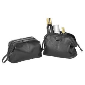 Black Nappa leather Toiletry Bag with inner zip pocket, carry handle, in gift box