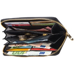 Zip-around closure and several compartments for bank notes. coins and cards.