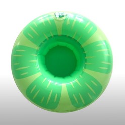 A small inflatable green cup holder that is vaguely flower shaped. 