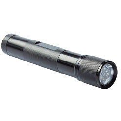 Flashlight with 7 LED's, 2 C batteries included, textured body for extra grip and black aluminium body