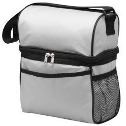 70D Polyester, adjustable shoulder strap, mesh pocket with elasticated finish, front pouch, six pack compartment, interior PVC lining, mesh lunch compartment, cross and box stitch.