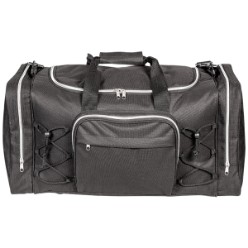 Silver spiral zips, front zip pocket, two side zip compartments, four plastic feet, spiral draw cord detail, adjustable padded shoulder strap, main zip compartment, base board, 600D
