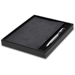 Elevate your brand to a whole new level with this sophisticated and elegant gift set perfect for the executive who cares about their image. This set features a Faux leather A5 journal with 192 cream-coloured, lined pages with colour edges, ribbon marker, metal twist ballpoint pen and is packaged in a 2-piece black gift box. Faux Leather