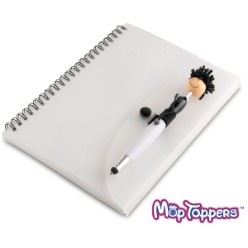 A5 spiral bound notebook with 80 sheets of lined paper, Includes Mop Doctor stylus pen and screen cleaner IDEA-4323. Its eye-catching features include a smiley face with a microfibre mop top hair that can be used to clean your mobile device, a silicone stylus tip, and a cool clip in the shape of a stethoscope. Contains black ink refill.