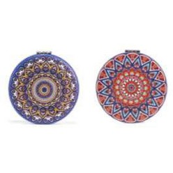 This slim profile compact mirror flips open and features 2X magnification. Available in 4 mesmerizing mandala patterns.  