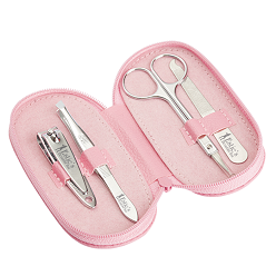 Stainless steel nail clippers, tweezers, nail scissors and nail file in PU cover with zippered closure