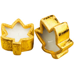 2 Gold maple leaf shaped candles in a presentation box.