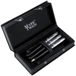 St Petersburg 3 piece pen set with a fountain pen, ball pen and roller ball. Comes in a designer black leatherette case with white stitching