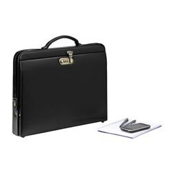 PU Leather, Stationery slots, adjustable length carry handle, elasticated bands for laptop, combination lock