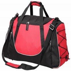 600D Nylon Duffle Bag with carry handles, drawstring side panel, large main compartment, side zip pockets, side mesh pocket, adjustable and removable shoulder strap