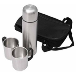 Matt stainless steel vacuum flask (500ml) with 2 double wall mugs (220ml) in nylon bag with strap in box (flask: 23.5x6.5cm) (mugs: 7.5x6.9cm)