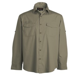 Maverick shirt: casual shirt with versalite roll-out sleeves. The patch pockets on chest features flaps and velcro. There is special consideration for ventilation via mesh back vent, and an extendede back collar to avoid sunburn, roll-up sleeve option, meshback vent, 100% cotton with enzyme wash, curved hem lime, maverick shirt, button detail