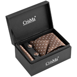 Polkadot silk tie with a tie. cufflinks and a pocket handkerchief supplied in a black gift box with a matching silk inlay on the lid