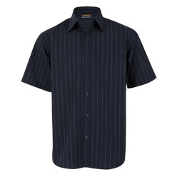 Mens Civic Lounge Shirt: Garment features include raised collar, constructed placket, double layer drop-shoulder yoke and back box pleat. Long sleeve also features double button mitred cuffs with button-through gauntlet. 65/35 Poly cotton blend. Vertical stripe pattern