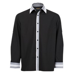 Mens Maitre D Lounge Shirt: A cutting edge addition to the corporate wardrobe featuring yarn dyed contrast detailing on placket, collar and cuffs. Classic finishes include raise collar and back yoke with box pleat. Stylish option for hospitality and office. Available in two colourways. Polly cotton, lightweight fabric. Can be worn as long sleeve or short sleeve by rolling up the sleeves.