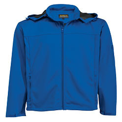 100% Polyester bonded fabric Mens Jacket with single top stitching throughout, full zip front with inner storm flap, zip away hood with drawstring and adjustable velcro tabs on sleeves, other detailing includes two zippered side pockets and zippered pocket on left sleeve and hem shock cord with toggles (Priced from S)